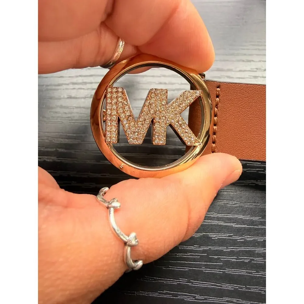 Authentic Michael Kors Brown Leather Belt Gold Crystal MK Buckle S/M READ BELOW